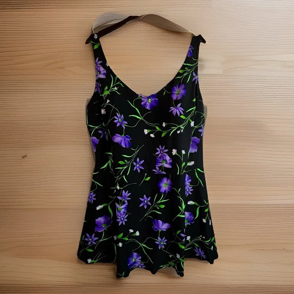 Blair Plus Size Swimsuit Black Floral Plus Size 26W Skirt One Piece Tummy Panel